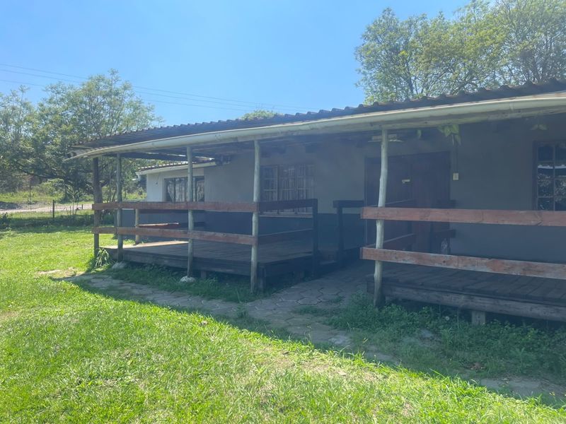 A covered outdoor timber deck area featuring a rustic balustrade and corrugated roof, set against a grassy garden space.