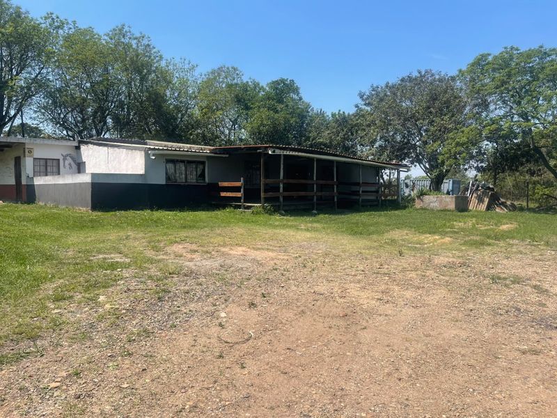 Exterior view of a single-story commercial building featuring a covered patio area with timber railings and a corrugated metal roof set on a large plot.