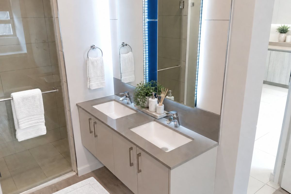 Modern bathroom featuring a sleek double vanity with stone countertop, integrated LED mirror lighting, and a spacious glass-enclosed shower.