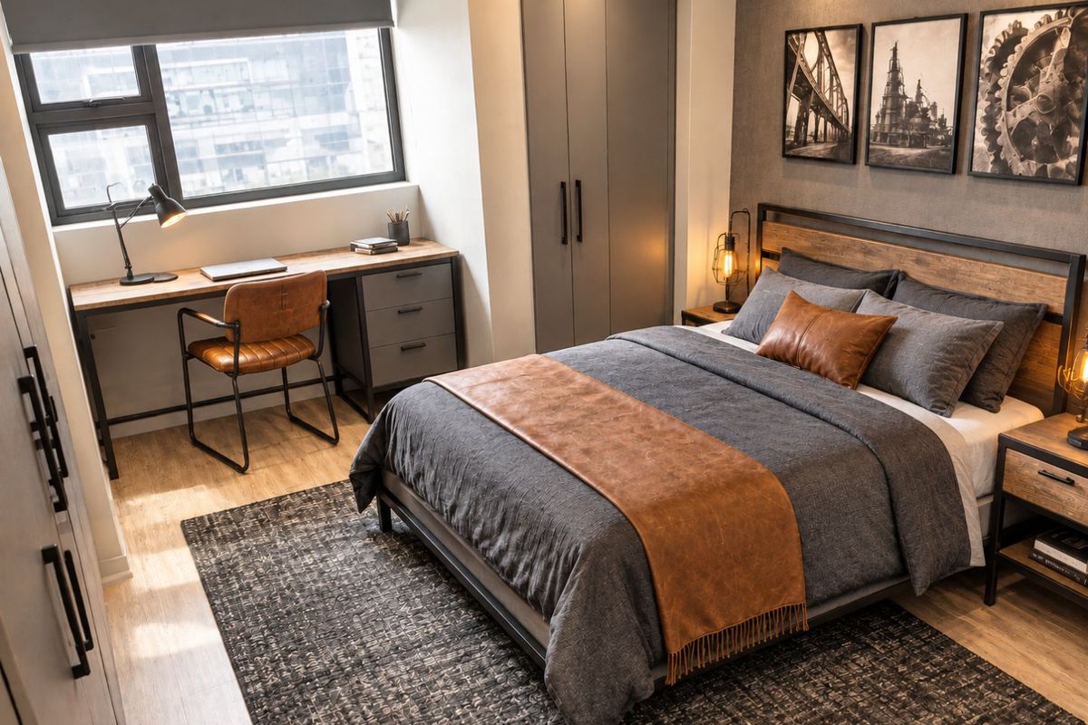 A modern, well-appointed bedroom featuring built-in wardrobes, laminate flooring, and a large window providing natural light.