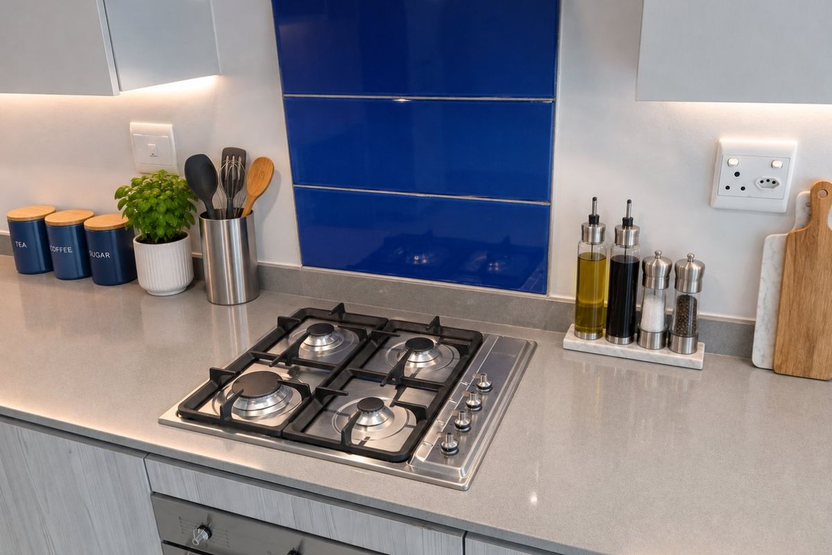 Modern kitchen featuring a gas hob, built-in oven, extractor fan, stone countertops, and a striking blue glass splashback with integrated under-cabinet lighting.