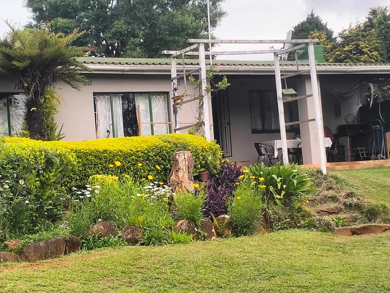 Rear view of the house featuring a covered patio, timber pergola structure, and a well-established landscaped garden with stone retaining elements.