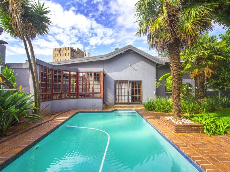 A well-maintained backyard featuring a swimming pool with brick coping, surrounded by established palm trees and a landscaped garden area.