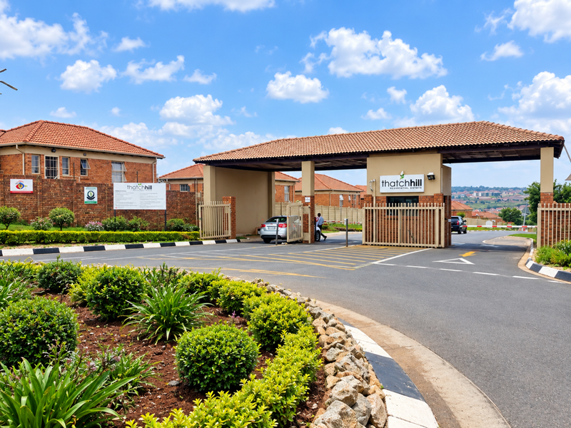 The main entrance gate of Thatch Hill Residential Estate, featuring a secure boom gate, brick perimeter walls, and well-maintained landscaped gardens.