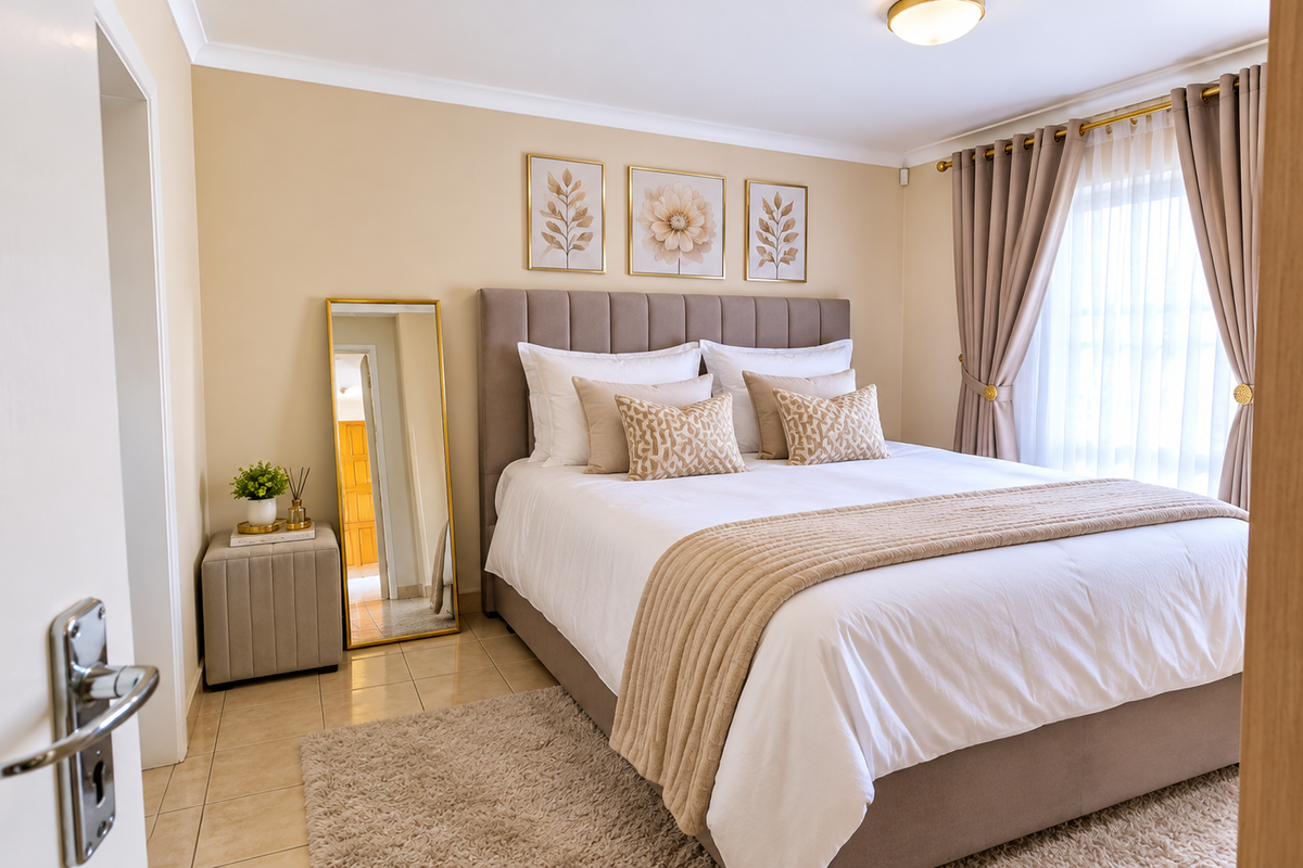 A well-maintained bedroom featuring neutral wall tones, tiled flooring, and large windows dressed with elegant curtains.
