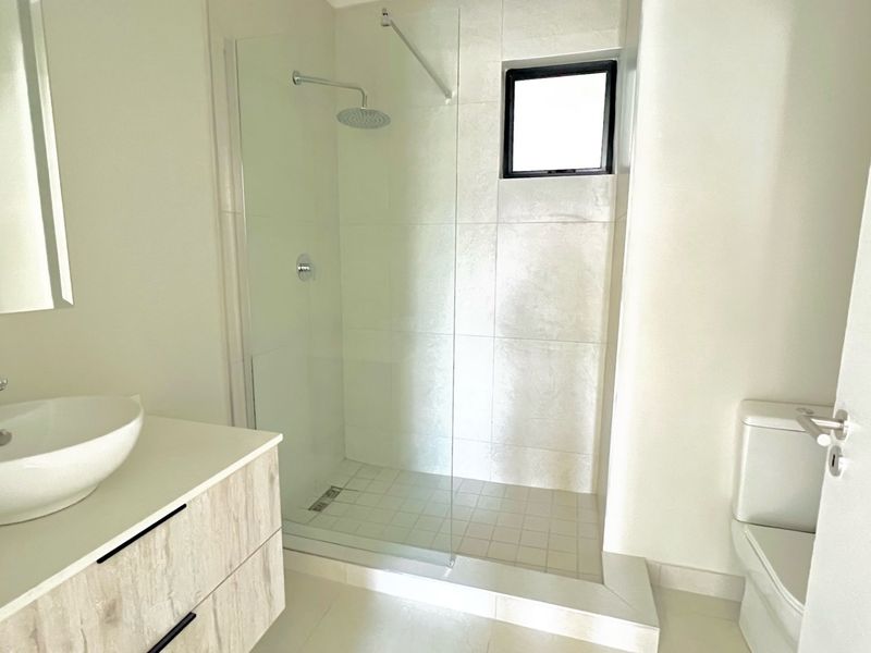A modern, clean bathroom featuring a walk-in shower with glass screen, a contemporary vessel sink on a vanity cabinet, and a toilet.