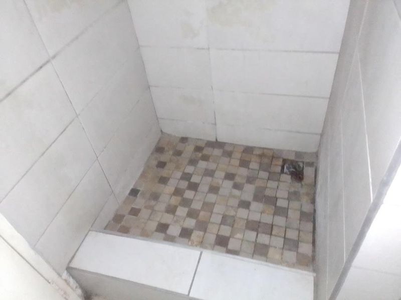 A small shower enclosure featuring mosaic floor tiles and white wall tiles, currently showing signs of wear and requiring maintenance or renovation.