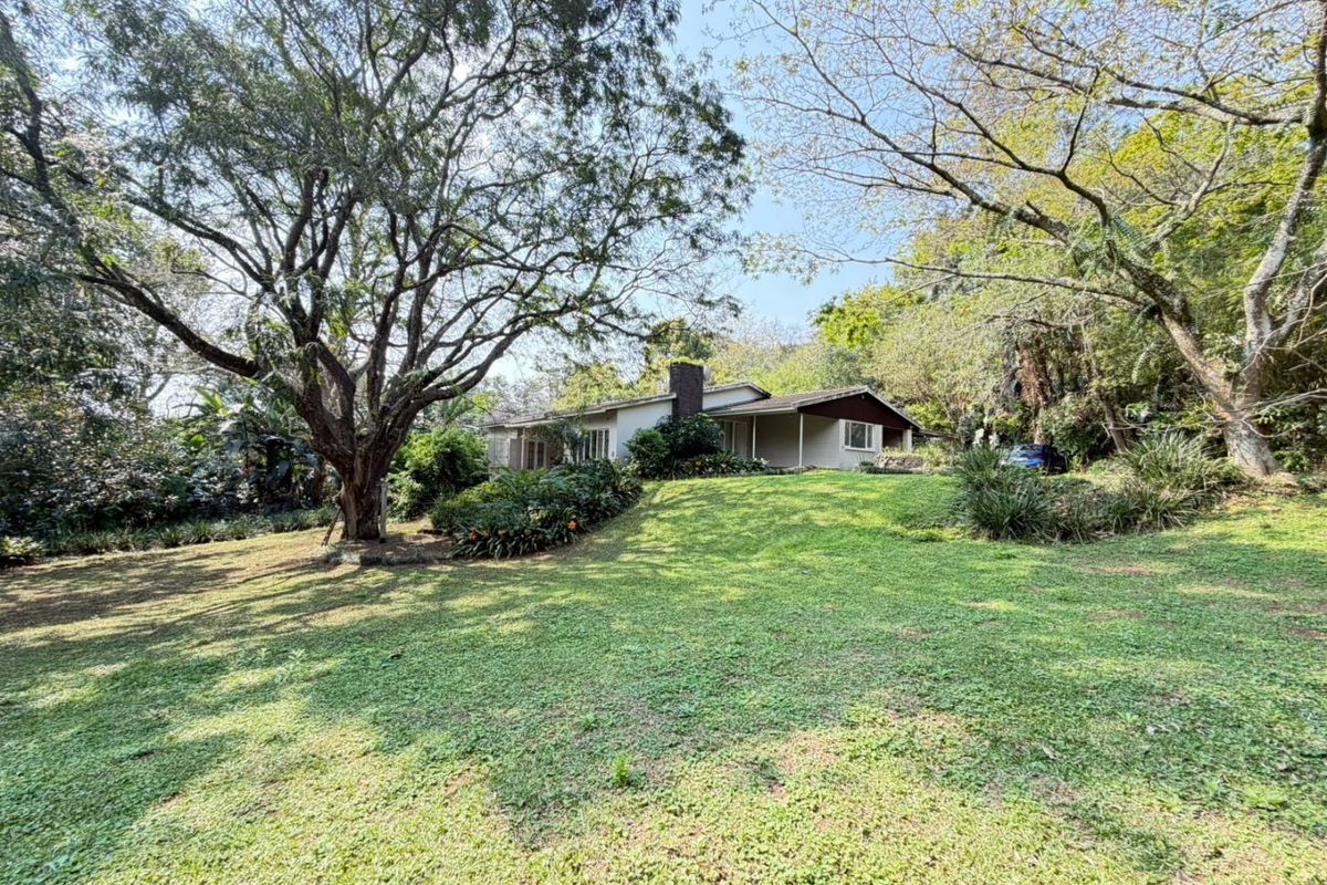 A spacious rear garden featuring mature trees, a lawn, and a view of the house with a brick chimney and covered patio area.