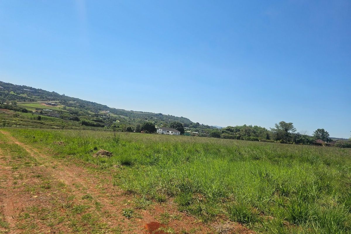 A wide-angle view of the expansive farm landscape featuring open fields, natural vegetation, and a distant farmhouse under a clear blue sky.