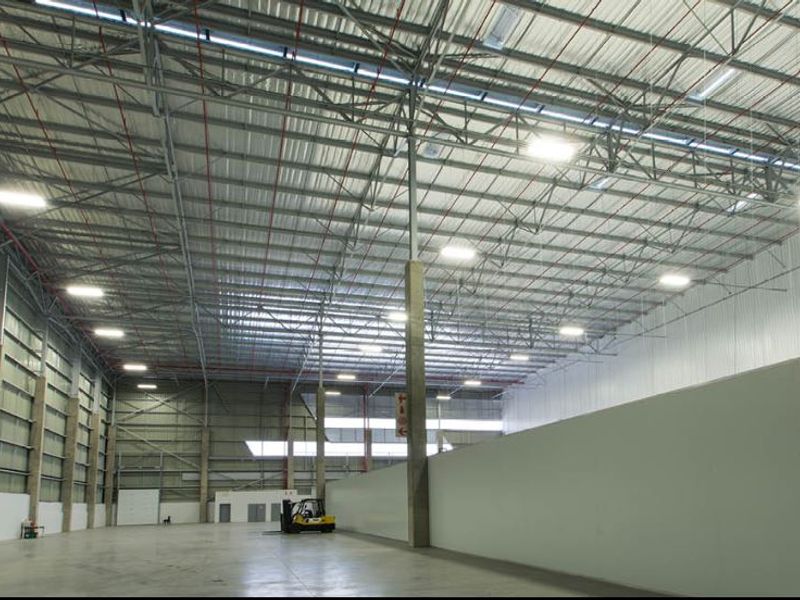 Spacious industrial warehouse featuring high ceilings with exposed steel trusses, polished concrete flooring, and high-bay lighting, suitable for logistics or manufacturing operations.