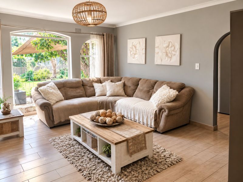 A well-maintained living room featuring light-toned tiled flooring, an arched window with garden views, and an arched entryway leading to adjacent spaces.