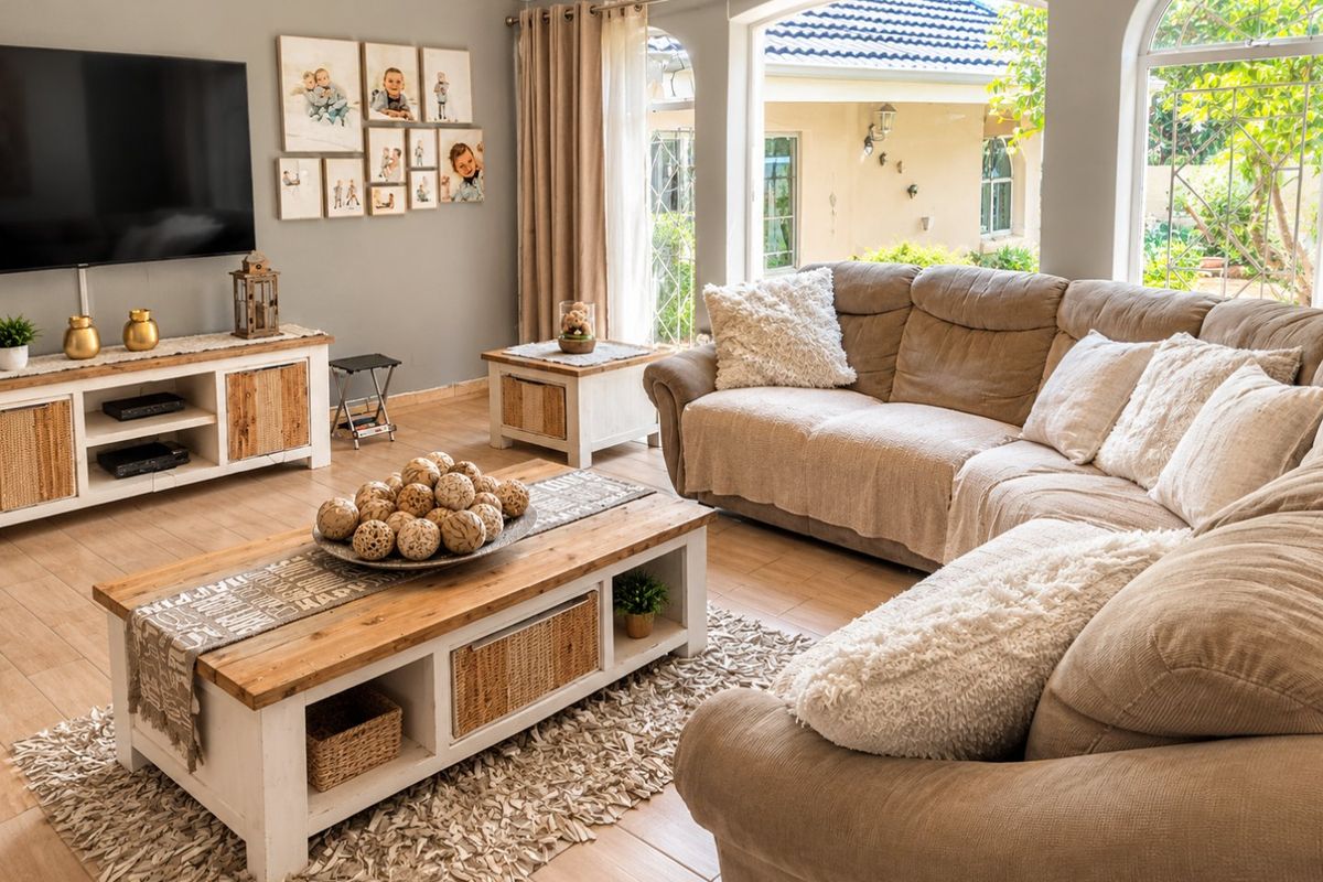 A bright and inviting living room featuring large arched windows, neutral tiled flooring, and a comfortable, well-maintained layout.