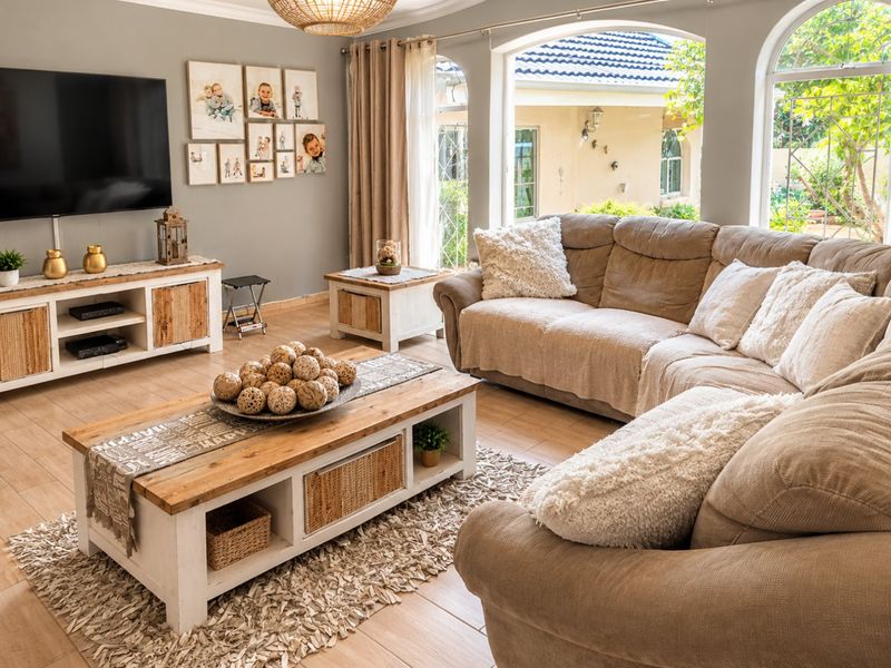 A bright and inviting living room featuring large arched windows, neutral tiled flooring, and a comfortable, well-maintained layout.