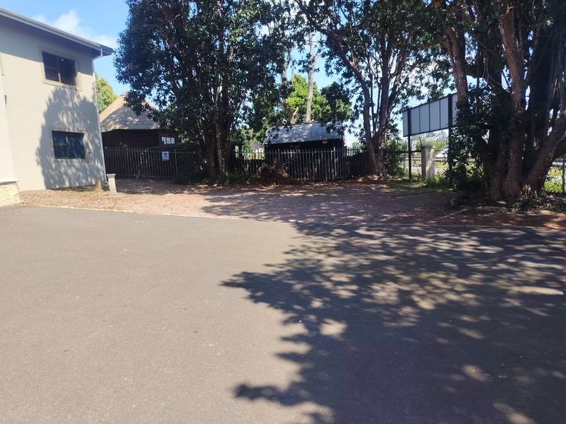 Rear exterior view of the commercial property featuring an asphalt driveway, metal security fencing, and mature trees with an existing billboard structure.