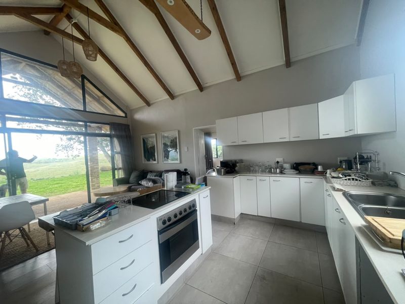 Spacious open-plan kitchen and living area featuring vaulted ceilings with exposed timber rafters, modern white cabinetry, and large sliding doors leading to the outdoors.