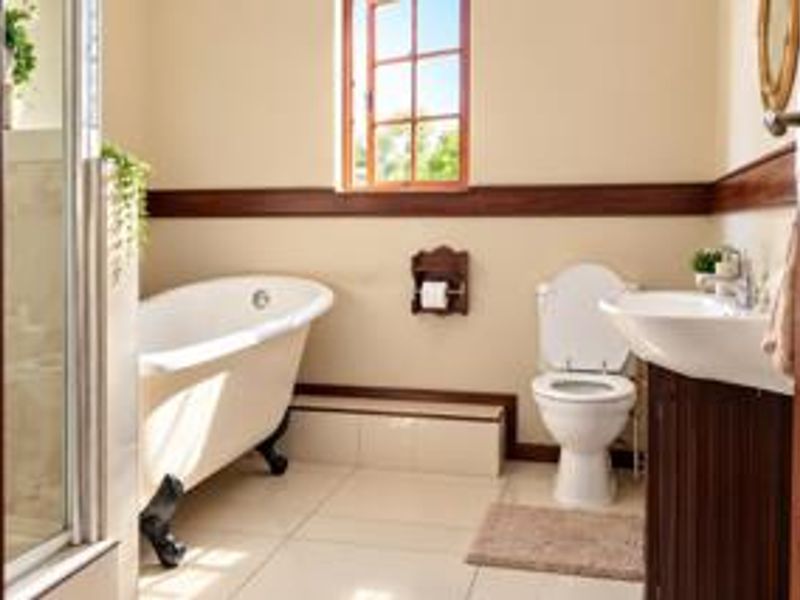 A classic bathroom featuring a clawfoot bathtub, pedestal washbasin, toilet, and a separate shower enclosure with traditional wooden trim details.