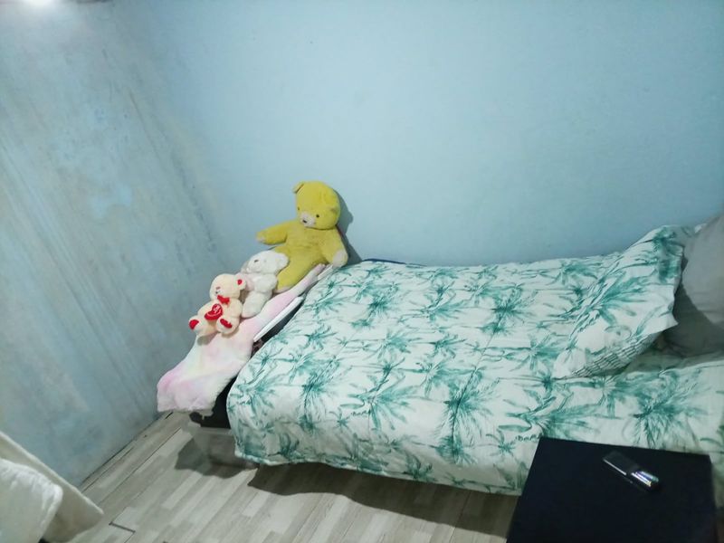 A bedroom featuring laminate flooring and light blue walls showing signs of surface wear and staining.