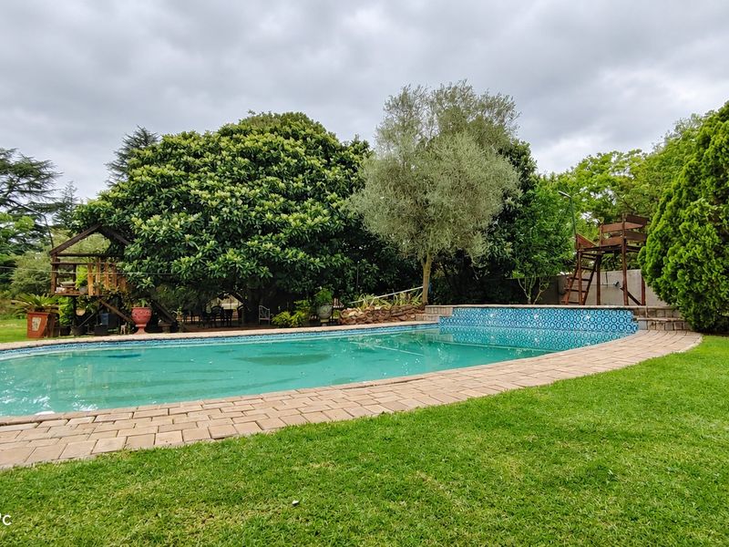 A spacious outdoor pool area featuring a swimming pool with decorative tiling, surrounded by brick paving and a well-maintained garden setting.