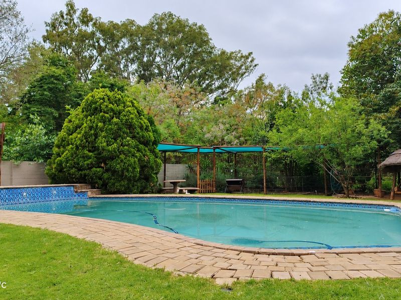 Outdoor pool area featuring a swimming pool with brick paving surround, a thatched lapa, and a shade sail structure set within a garden.
