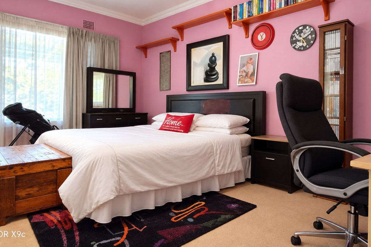 A bedroom featuring pink walls, built-in shelving, and a large window with curtains, providing a functional space with potential for modern updates.