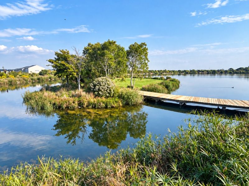A scenic view of a tranquil lake featuring a wooden footbridge leading to a landscaped island with mature trees and greenery.