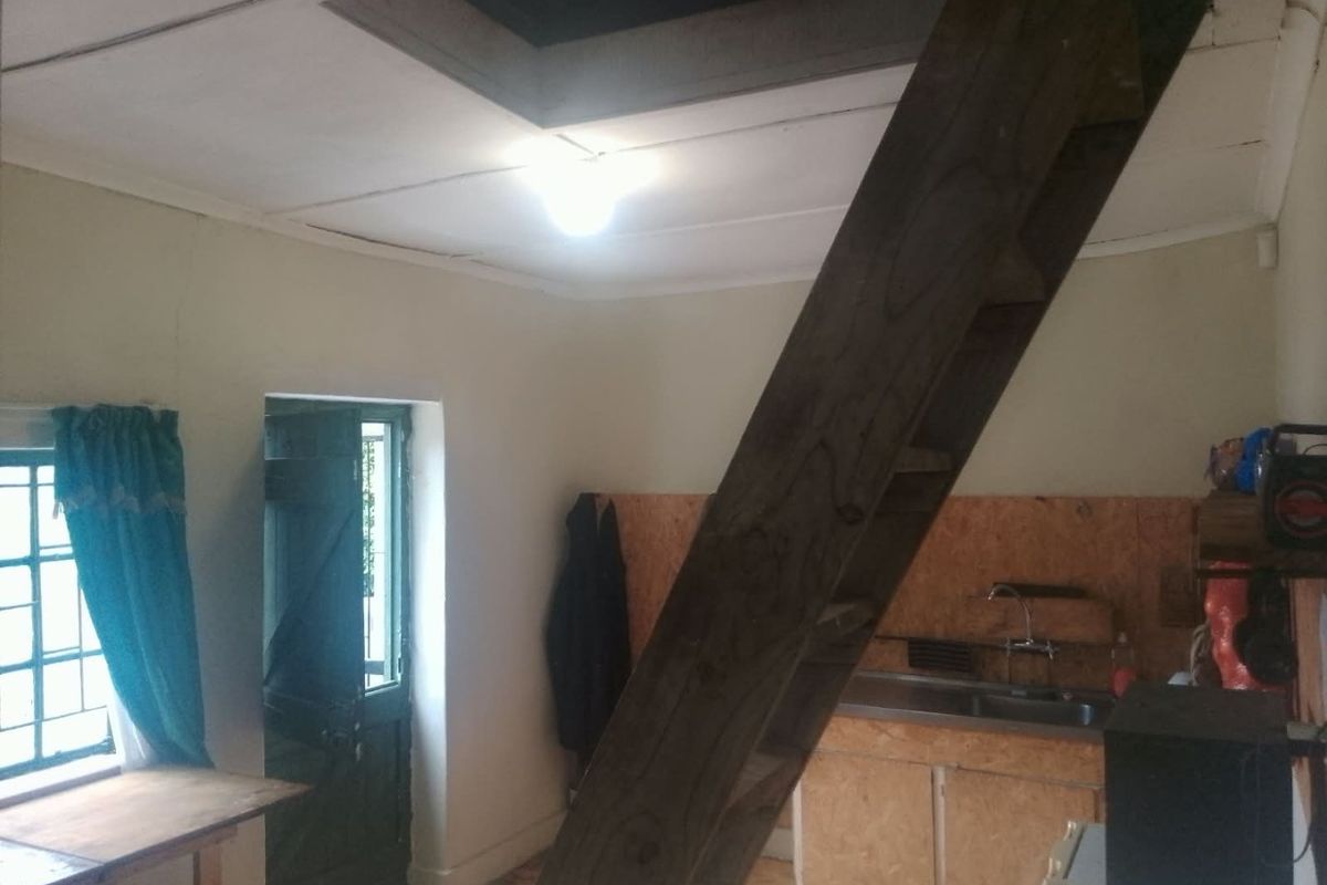 A rustic kitchen area featuring a stainless steel sink, wooden cabinetry, and a fixed ladder providing access to a loft space.