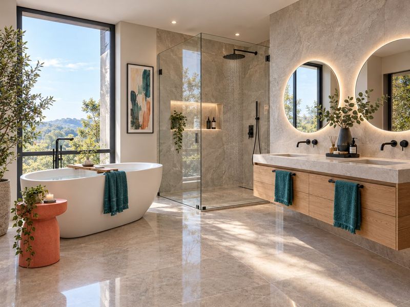 Luxurious modern bathroom featuring a freestanding tub, walk-in glass shower, double vanity with stone countertop, and large windows with scenic views.