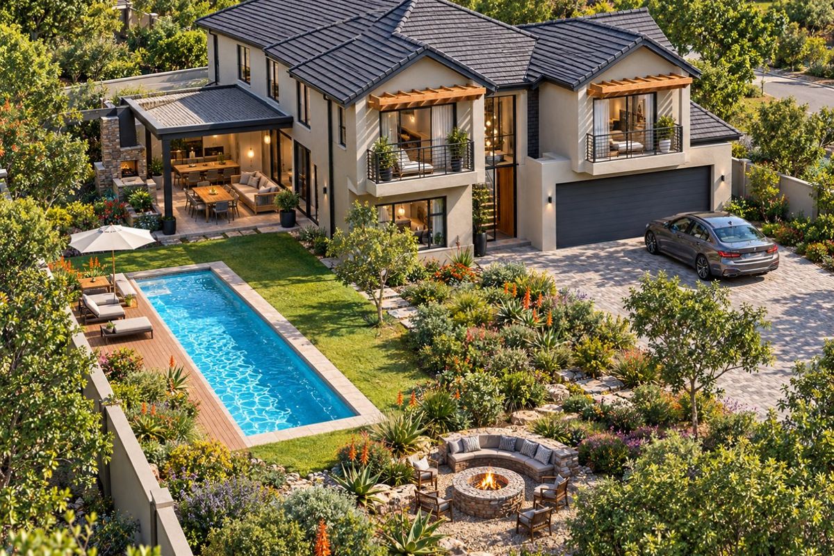 Aerial view of a luxury two-story residence featuring a swimming pool, landscaped garden, stone fire pit, covered patio, and a spacious paved driveway.