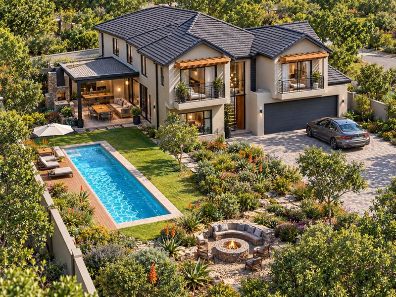 Aerial view of a luxury two-story residence featuring a swimming pool, landscaped garden, stone fire pit, covered patio, and a spacious paved driveway.