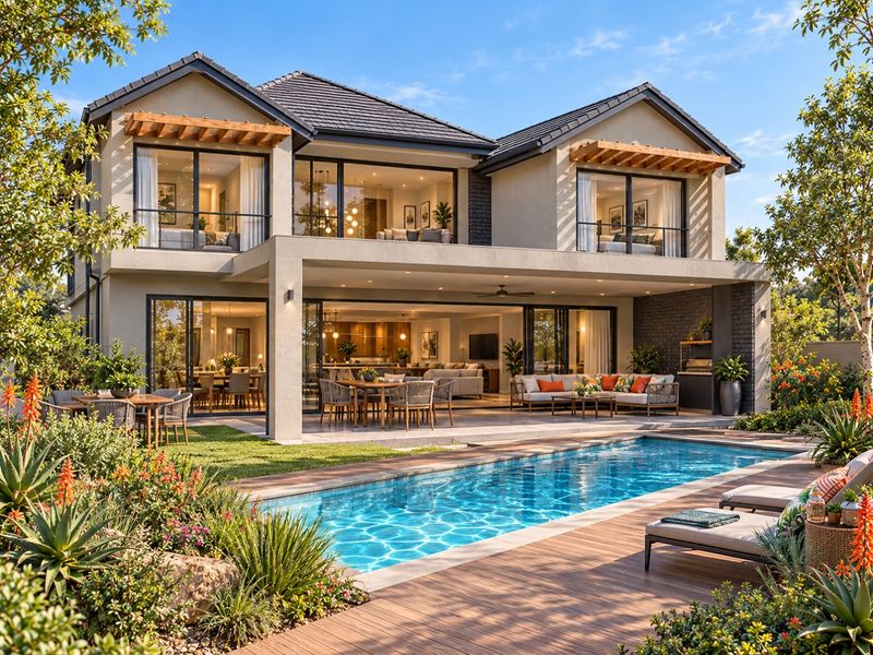 A stunning double-story residence featuring a spacious covered patio, swimming pool, wooden decking, and seamless indoor-outdoor flow through large sliding glass doors.