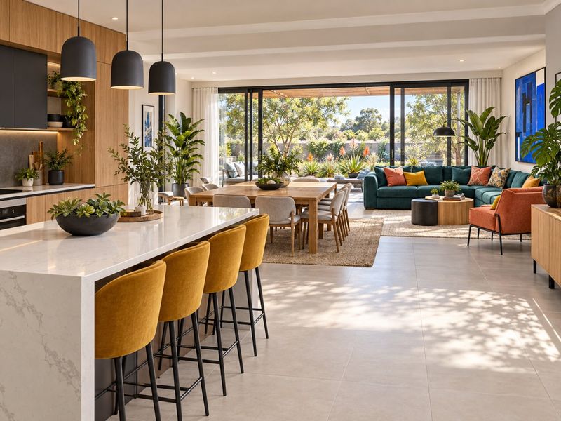 Spacious open-plan living area featuring a modern kitchen with stone island, seamless flow to the outdoor patio, and abundant natural light.
