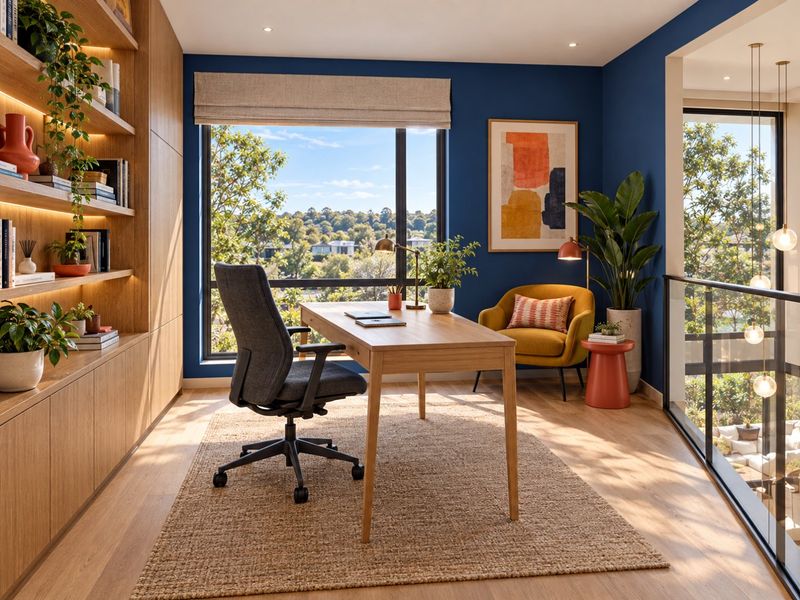 A modern, well-lit home office featuring custom built-in timber shelving, warm wood flooring, and large windows offering scenic views.
