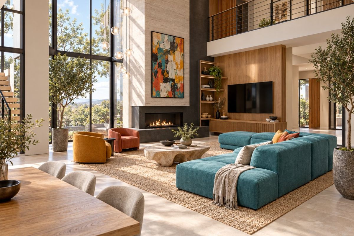 Spacious double-volume living room featuring floor-to-ceiling windows, a modern built-in fireplace with stone surround, and an open mezzanine level overlooking the area.
