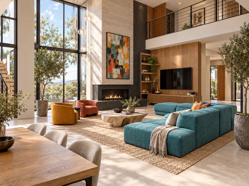 Spacious double-volume living room featuring floor-to-ceiling windows, a modern built-in fireplace with stone surround, and an open mezzanine level overlooking the area.