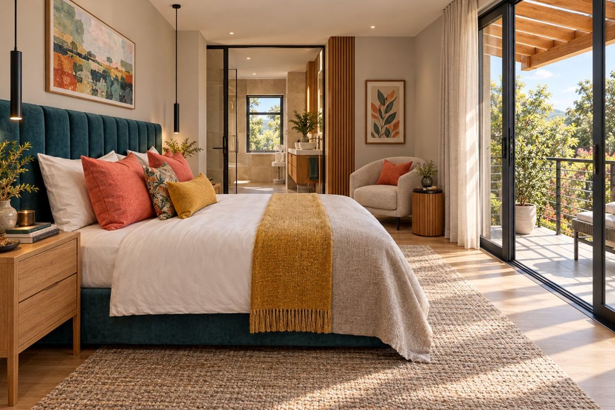 A modern, well-appointed bedroom featuring hardwood floors, an en-suite bathroom, and large sliding glass doors opening onto a private balcony.