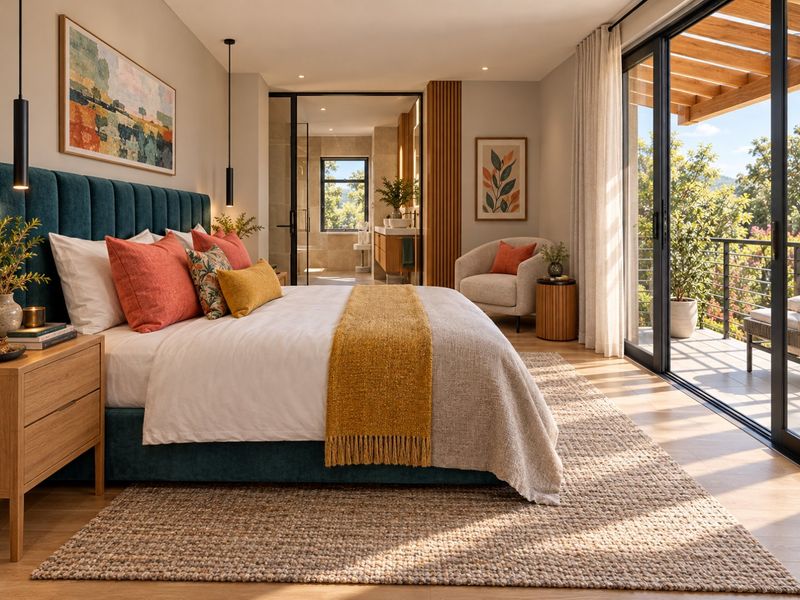 A modern, well-appointed bedroom featuring hardwood floors, an en-suite bathroom, and large sliding glass doors opening onto a private balcony.
