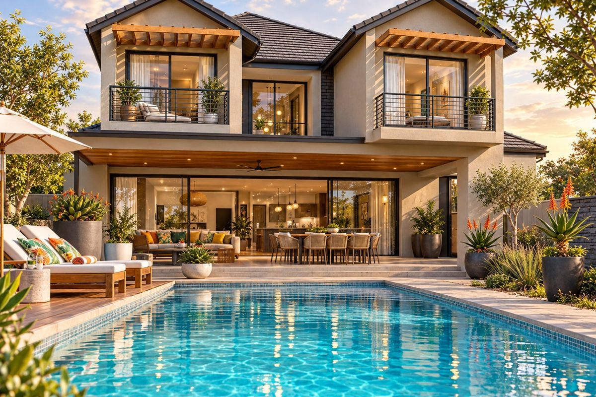 Stunning rear elevation featuring a modern swimming pool, expansive covered patio, and upper-level balconies with integrated timber pergolas.
