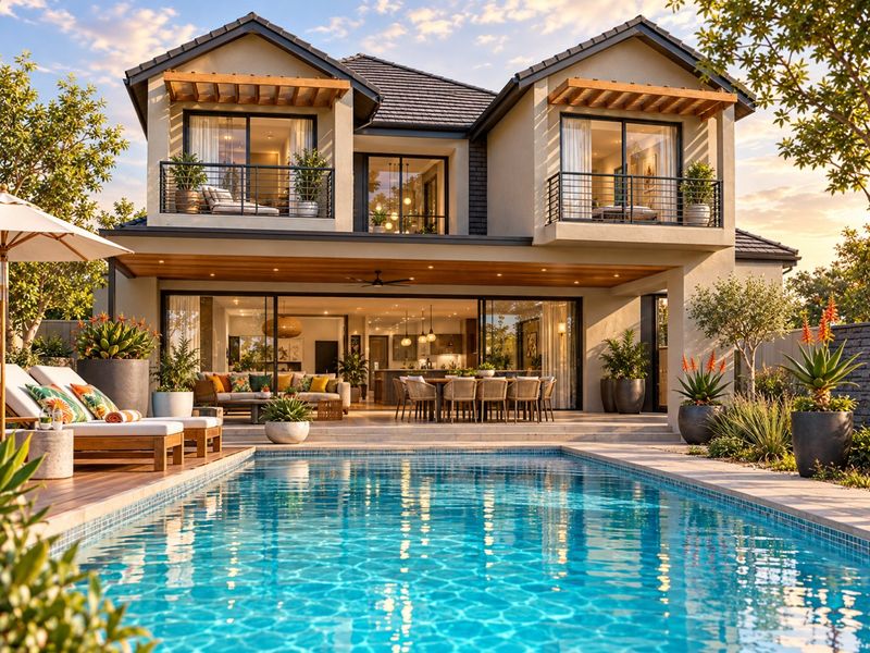 Stunning rear elevation featuring a modern swimming pool, expansive covered patio, and upper-level balconies with integrated timber pergolas.