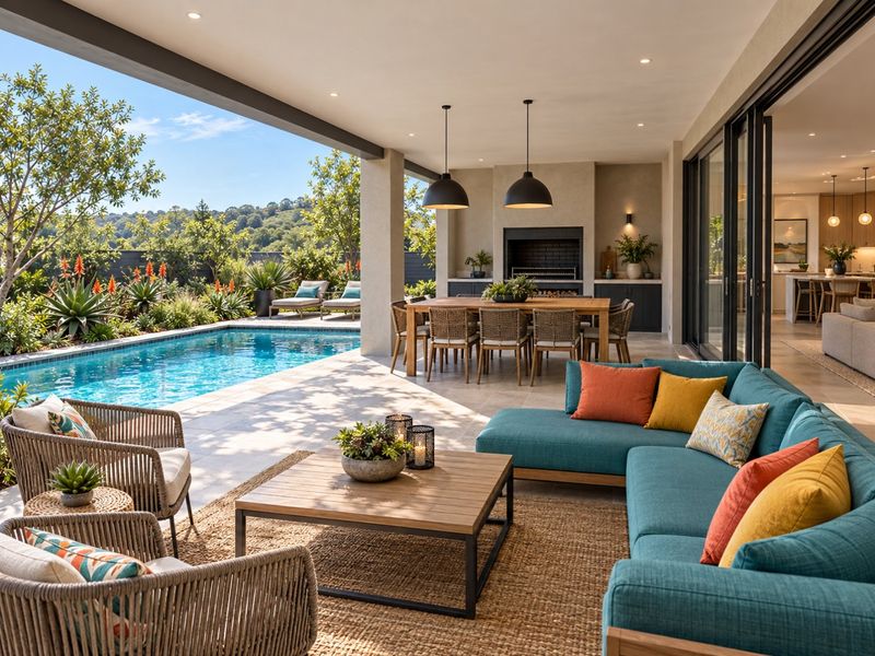 A spacious covered patio featuring a built-in braai, tiled flooring, and seamless flow to the swimming pool and landscaped garden area.