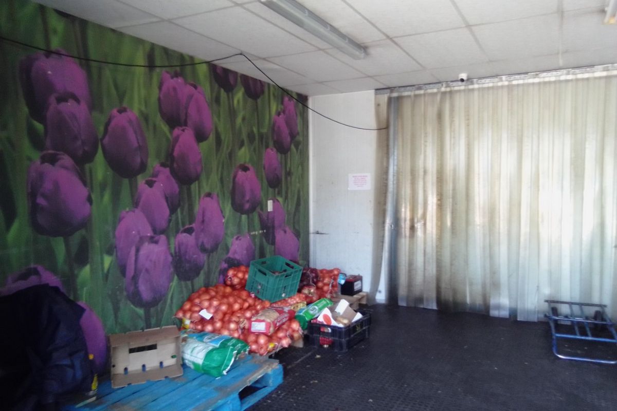 A functional utility or storage area featuring durable rubber flooring, a suspended ceiling with fluorescent lighting, and a plastic strip curtain entrance.