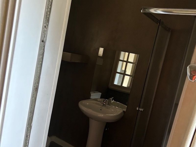 A compact bathroom featuring a pedestal basin, shower enclosure, and dark wall finishes, currently presenting as a functional but dated space.
