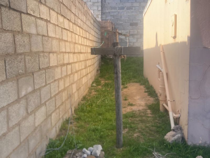 A narrow side or rear exterior passage featuring a concrete block boundary wall and plastered building exterior with visible surface cracks.