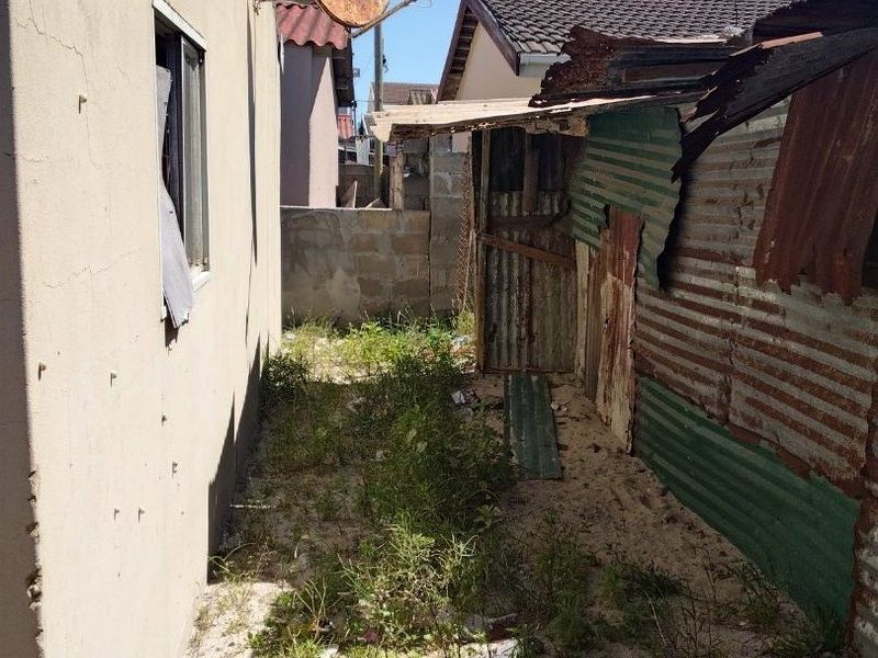 A narrow rear exterior passage featuring a weathered concrete wall, corrugated metal fencing, and a rusted satellite dish with overgrown ground cover.