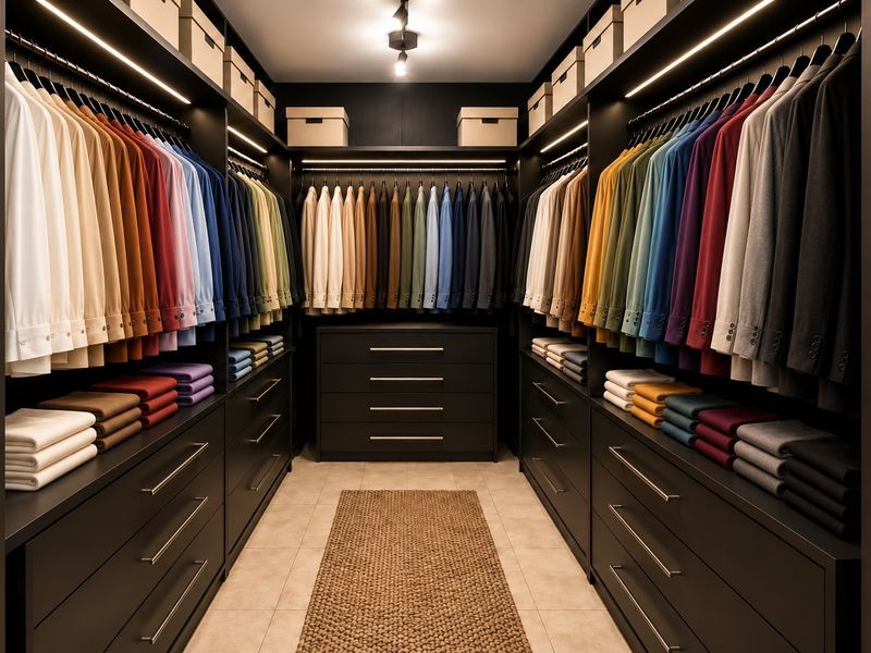 A modern, well-organized walk-in closet featuring extensive built-in cabinetry, integrated LED lighting, and ample hanging and drawer storage space.