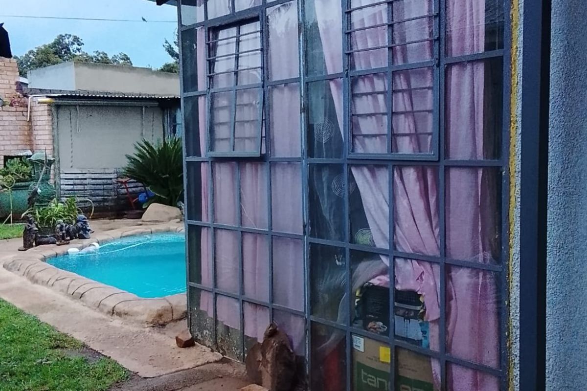 Rear exterior view featuring a steel-framed glass wall, corrugated roof, and a swimming pool set in a concrete patio area.