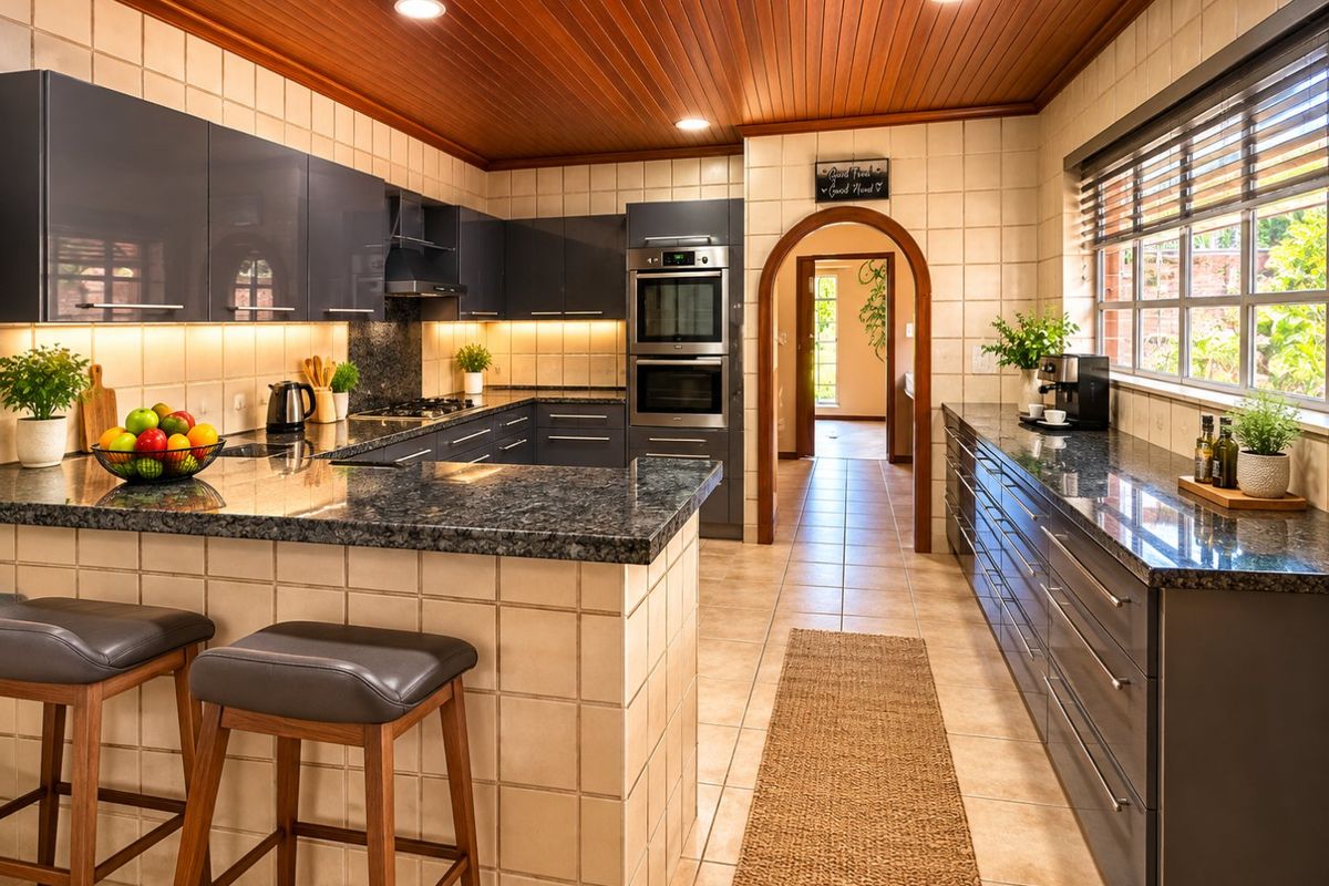 A well-maintained kitchen featuring dark cabinetry, granite countertops, a built-in double oven, and a distinctive timber ceiling with recessed lighting.