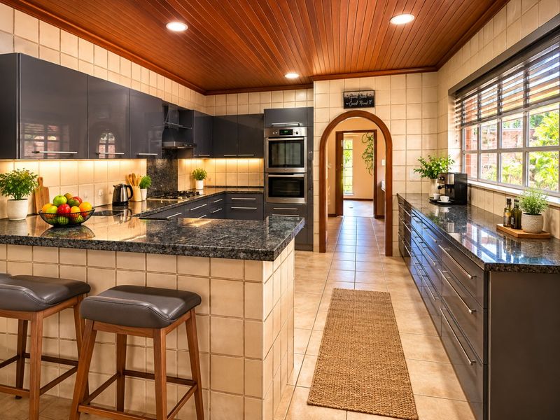A well-maintained kitchen featuring dark cabinetry, granite countertops, a built-in double oven, and a distinctive timber ceiling with recessed lighting.