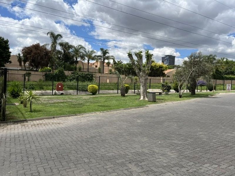 A view of the paved street and landscaped verge bordering the property perimeter fence.