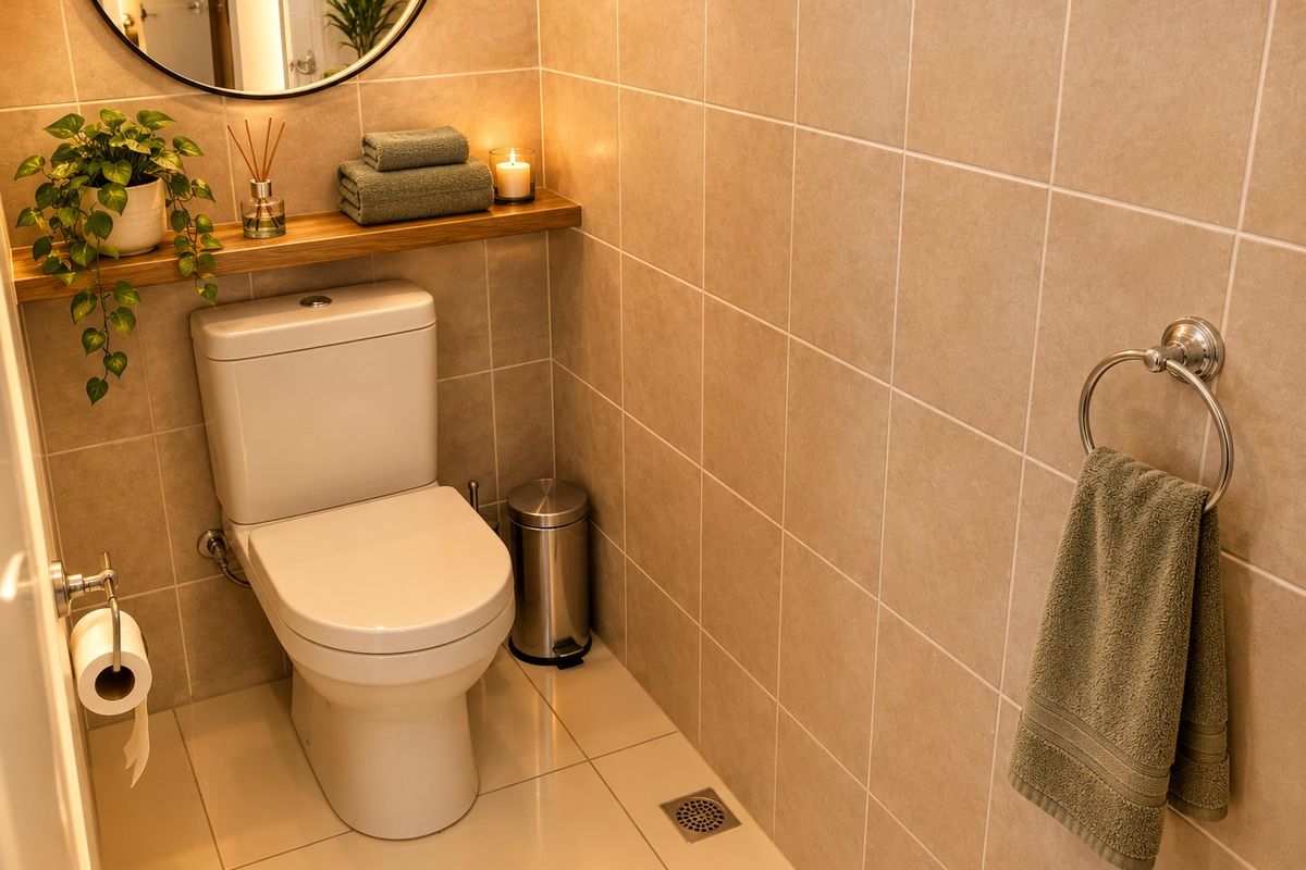 A compact, well-maintained bathroom featuring neutral wall and floor tiling, a modern toilet, and a functional floating shelf.