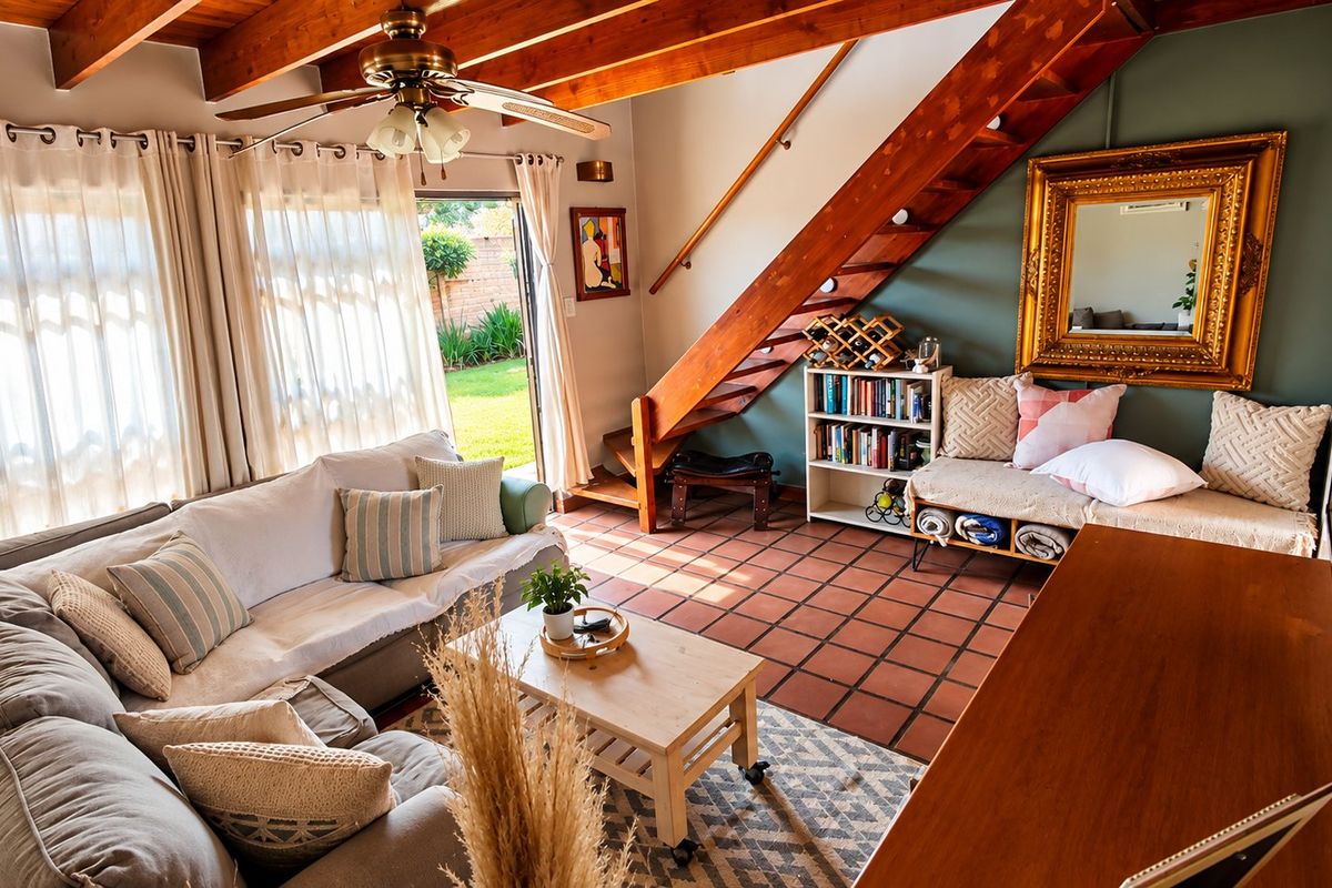 Spacious living room featuring exposed timber ceiling beams, a wooden staircase, and terracotta floor tiles, with direct access to the garden through sliding doors.